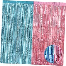 4 Pack Pink Foil Fringe Curtain Backdrop, 3.28Ft x 6.56Ft Metallic Tinsel Blue