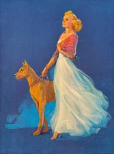 Vintage Jules Erbit Pin-Up Print Woman with Dog 13.75x12 Excellent Condition
