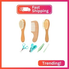 Goat Baby Hair Brush Set, Wooden Comb Massage Scalp Comb, Safe Natural Hair Care