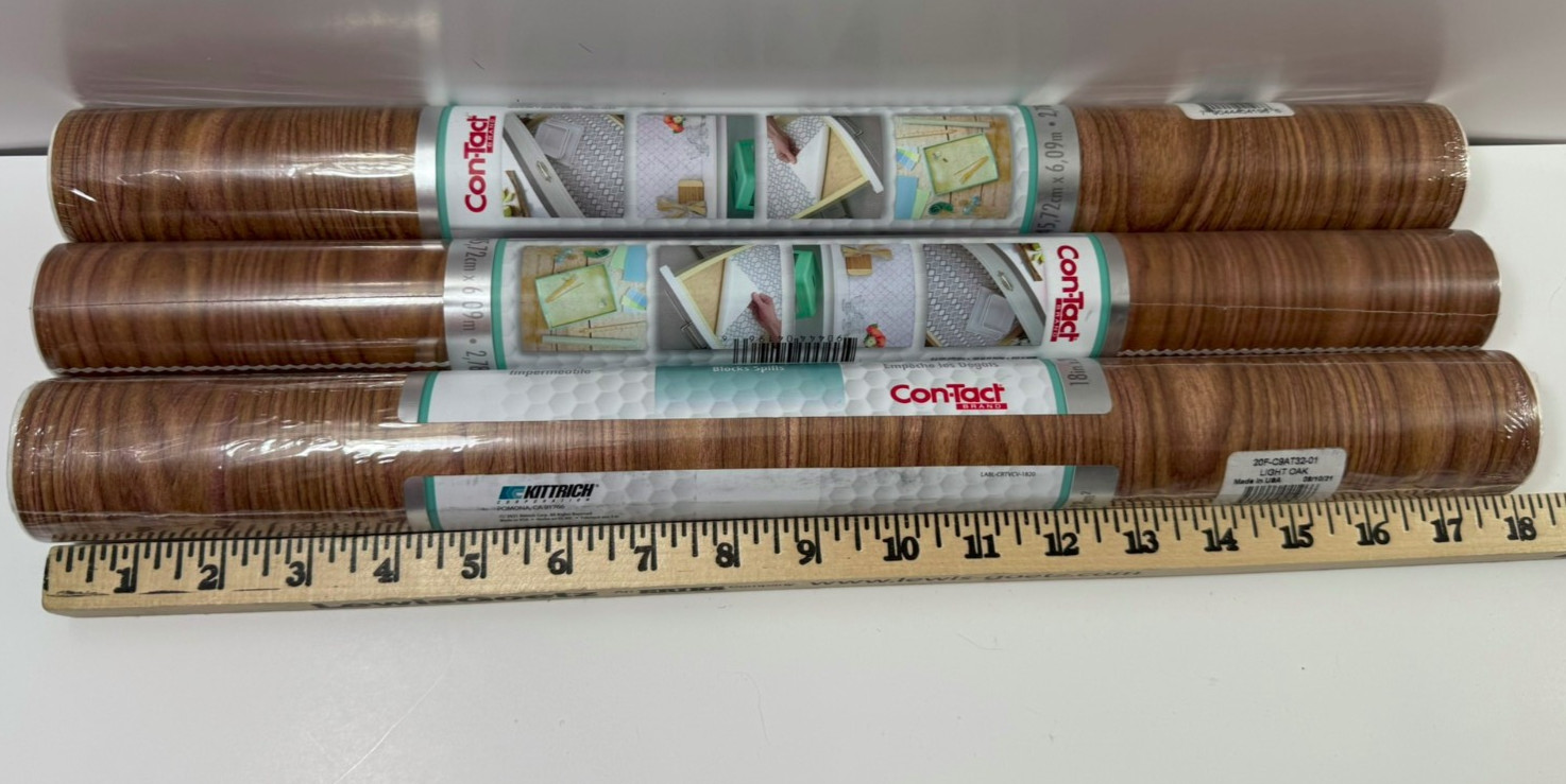 Lot of 3 Rolls Con-Tact Creative Covering Removable Adhesive Paper Light Oak