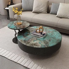 Polished Round Amazonite Stone Coffee Table – Semi Precious Handmade Furniture