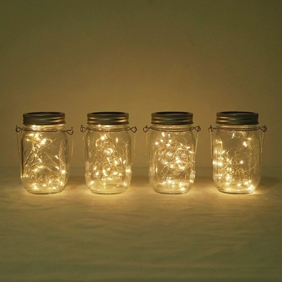 4 Pack Solar Mason Jar Lights 30 LED Fairy String Lids Warm White Hanging Decor
