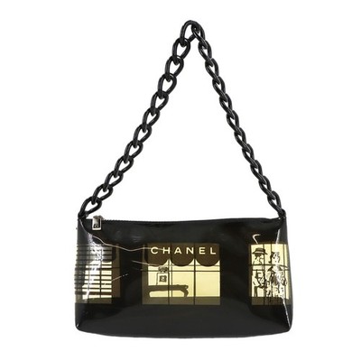 CHANEL GOLD CCロゴ クリアバッグ CHANEL Windows Line Chain Shoulder Bag Vinyl Plastic Black Clear