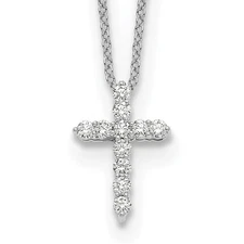 14k White Gold 1/4 Ct Round Cut Lab Grown Diamond Cross Pendant Necklace 18"