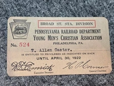 1922 Pennsylvania Railroad YMCA Broad St. Station Division Membership Card