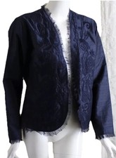 Chico's 1 M Dark Navy Silk Embroidered Chiffon Dupioni Open Jacket Art-to-Wear