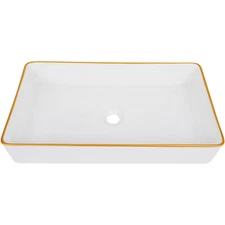 Bathroom Sink Long Rectangle White Ceramic Sink With Gold Rim Above Counter Sink