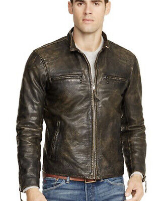$1298 Polo Ralph Lauren Large Black Brown Leather Jacket RRL Cafe Racer VTG  Coat | eBay