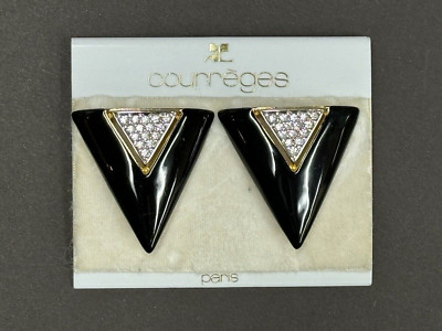 Vintage Courreges Paris Black Enamel & Rhinestone Triangular 1980s Clip Earrings