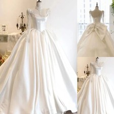 Elegant Satin Wedding Dresses Long Sleeves Vintage Bridal Ball Gowns Bow Puffy
