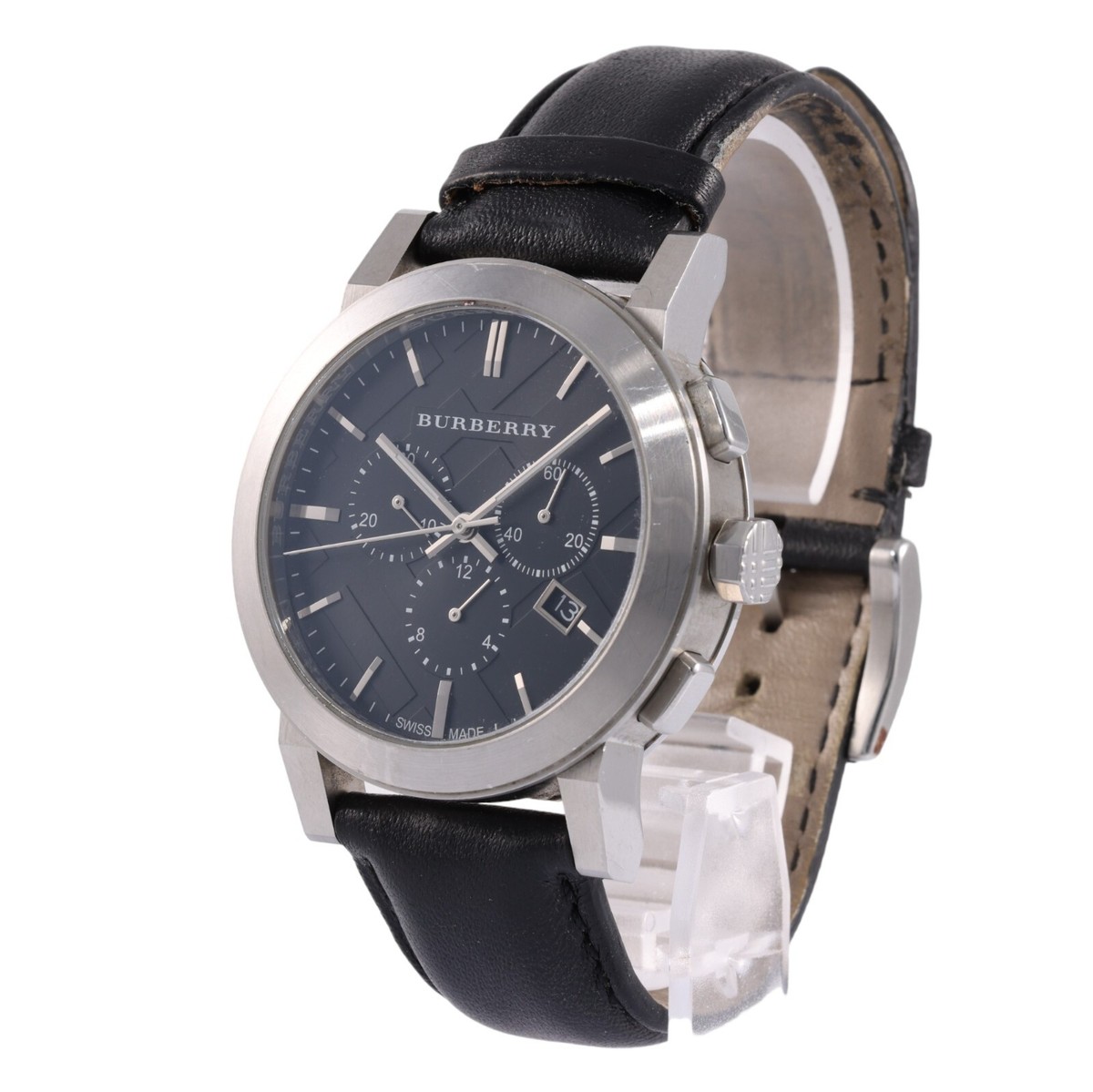 Burberry Chronograph Logo Dial Steel Black Leather Men