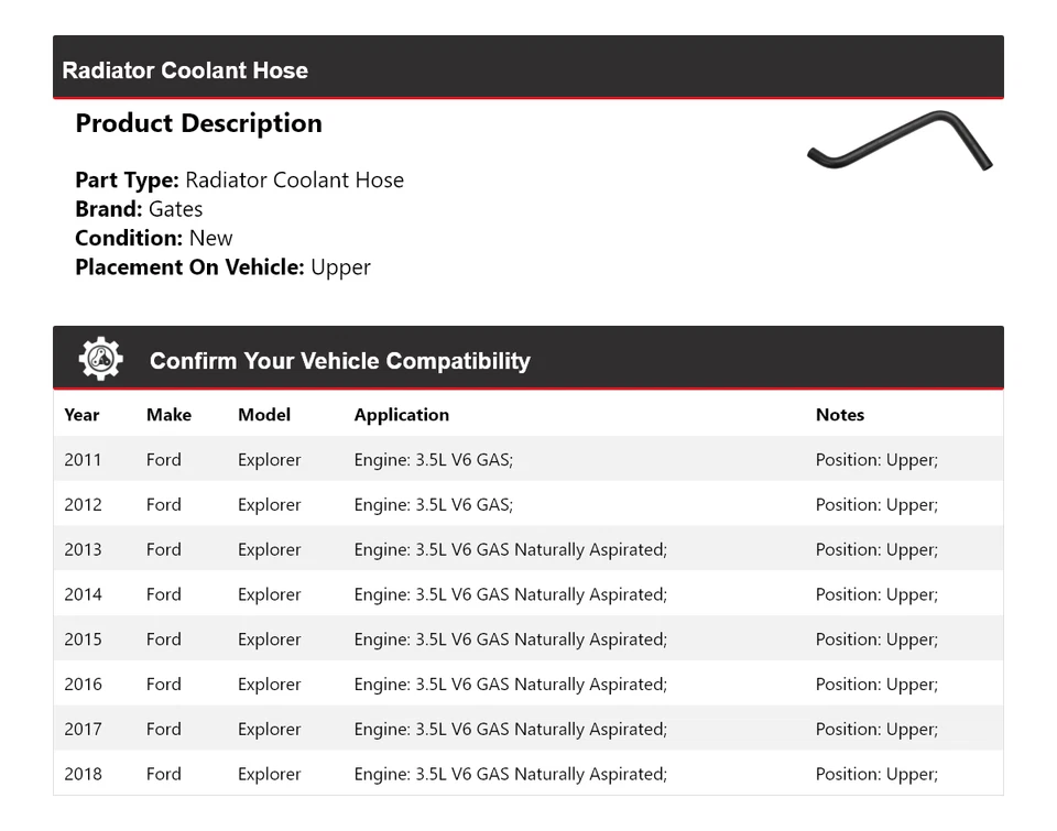 Para 2011-2018 Ford Explorer radiador líquido de arrefecimento mangueira portões superiores 2012 2013 2014 - Imagem 2 de 3