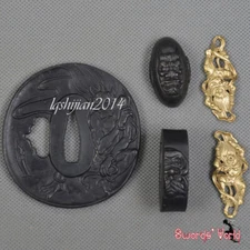 Stainless Steel TSUBA SET Hand guard Kashira Fuchi Brass Menuki Sword Accessary 