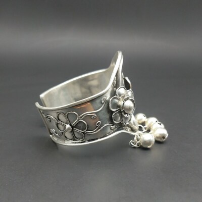 Wide Chinese handmade filigree flower Miao silver DIY embed bell bracelet 1piece