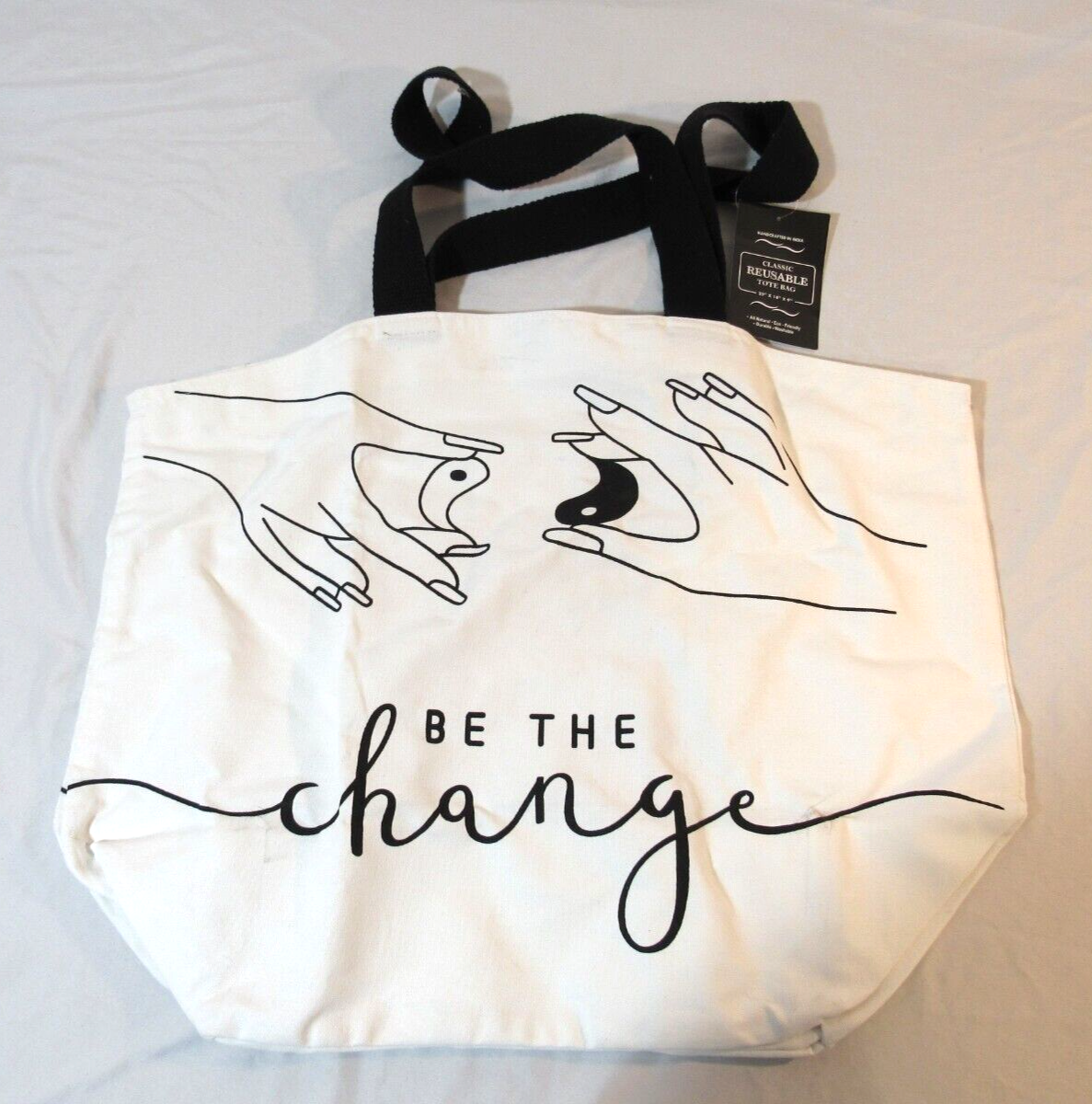 Be The Change Yin Yang Cotton Canvas Reusable Shopper Tote Bag White NWT Flawless