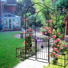 Metal Garden Arch with Gate Climbing Plants Support Rose Arch Outdoor Black