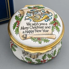 Halcyon Days Enamels Trinket Music Box We Wish You a Merry Christmas & Happy New