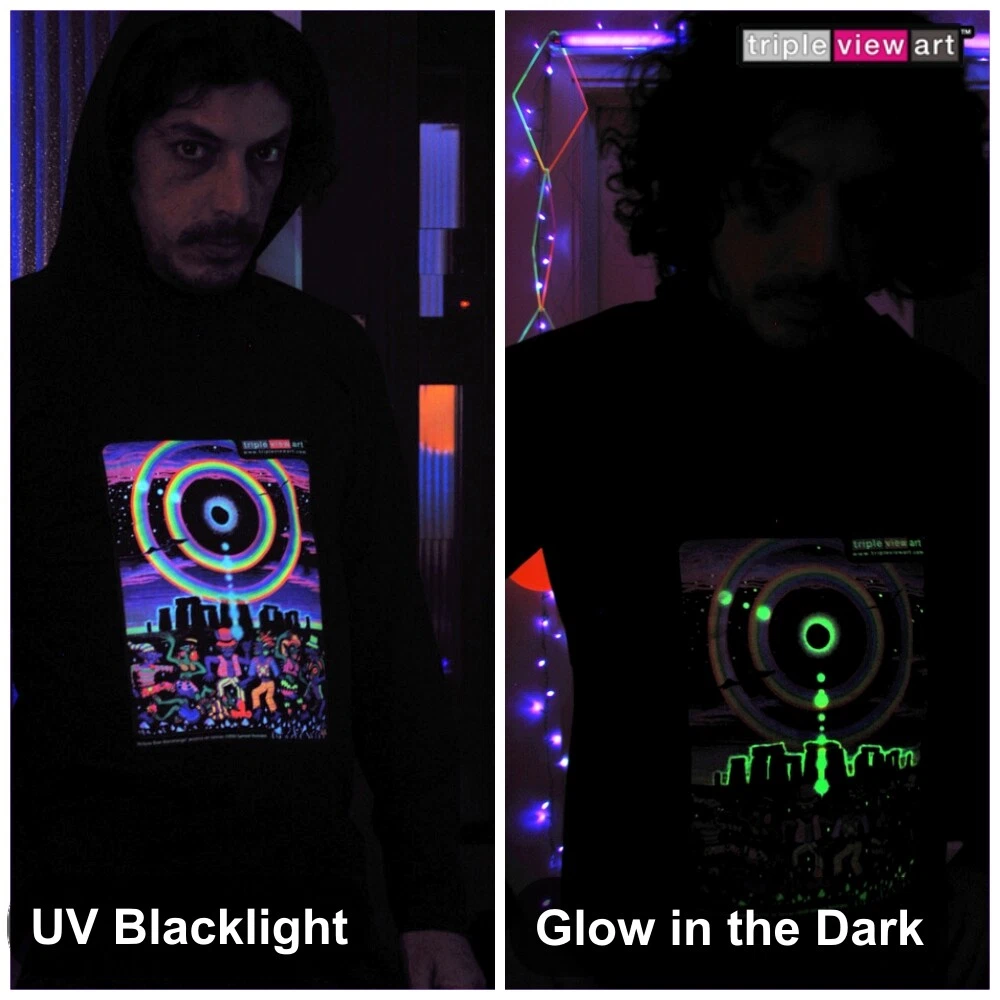 MENS HOOD T-SHIRT UV-Blacklight Glow-In-The-Dark Psychedelic Psy Goa Trance Club