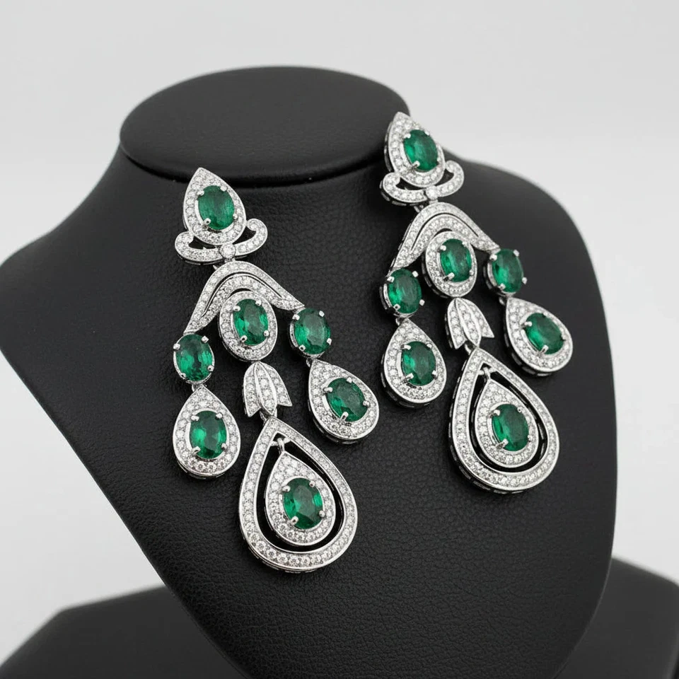 Estate Emerald and Diamond 18K White Gold Necklace and Earring Set - Image 2 of 3