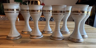 Clyde Gobble Studio Pottery Goblet Handmade Signed Wine Cup White Gold Set Of 8
