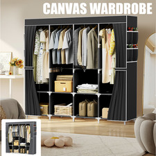 Large Fabric Canvas Wardrobe With Hanging Rail Shelving Clothes Storage Cupboard