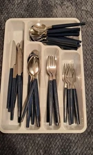 Reed & Barton Rebacraft Nouvelle Stainless Flatware W- Blue Handles Set + Tray