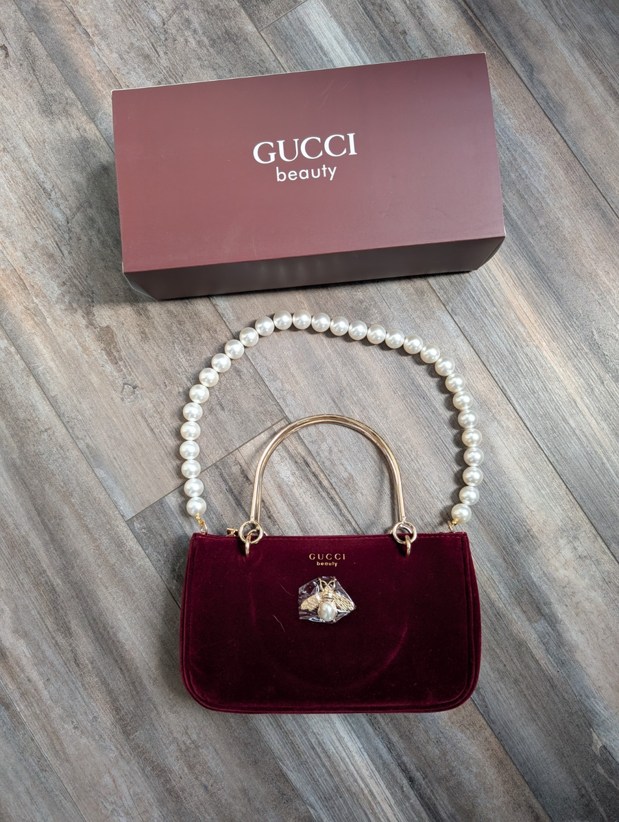 Gucci Beauty GWP Pouch Wine Red Velvet Pearl Handle Gift with