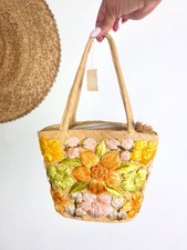 DEADSTOCK 1960  s 60s Vintage Embroidered Floral Raffia Straw Purse Handbag Bag