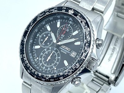 SEIKO Flight master Men's Chronograph Watch Black 7T92-0CF0 Band size 8.2 inches