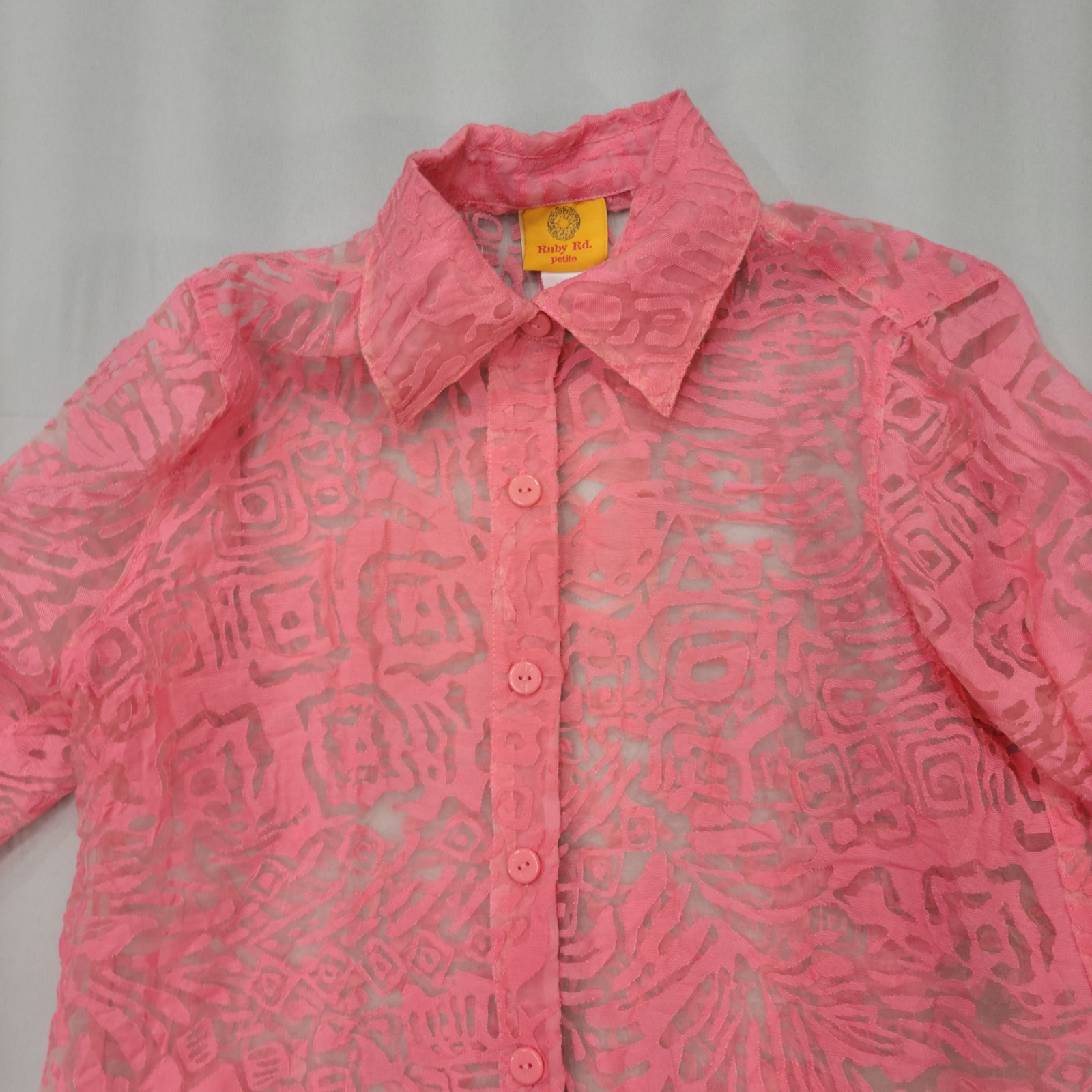 Ruby Rd Pink Burnout Sheer Button Front Blouse So… - image 3