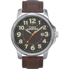 Timex T44921, Men's "Expedition" Brown Leather Watch, Indiglo, Date, Black Dial