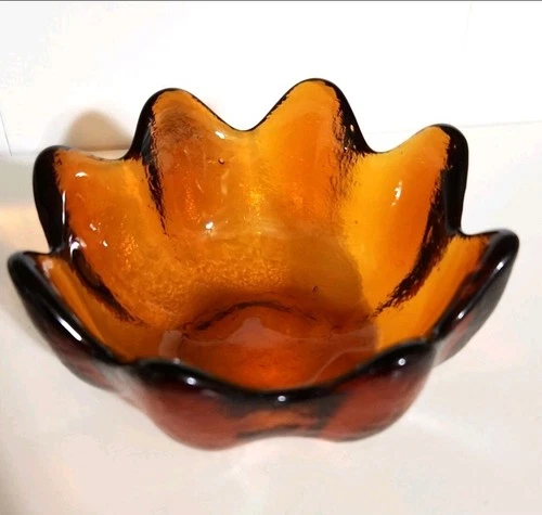 Blenko Amber Small Lotus Petal Bowl Vintage Brown Art Glass 5.5”