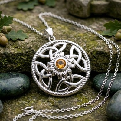Silber Keltischer Knoten Anhänger Halskette Sonne Blume Orange Stein Lila Geschenk Etui