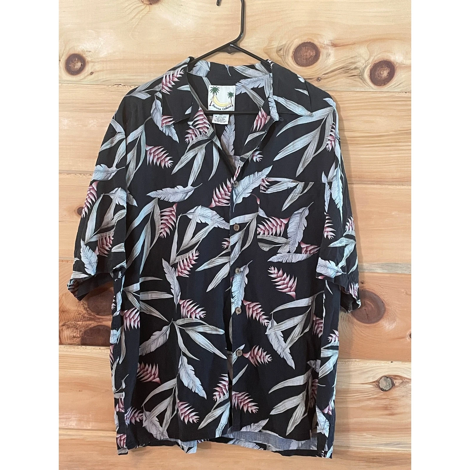 Banana Cabana Men's button down SILK shirt. Tropical. Black, Size XL. Hawaiian