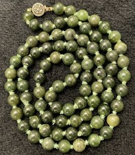 Vintage Dark Green 8mm Nephrite Jade Beaded Knotted 31" Necklace Sterling Clasp