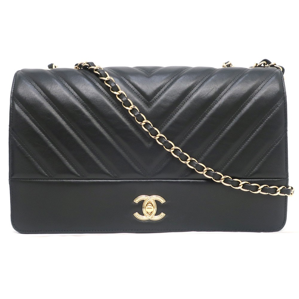CHANEL Chevron Lambskin Coco CC Shoulder Bag Black Gold Hardware