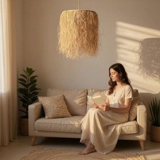 Raffia Pendant Light Fixture, Fringe Lampshad...