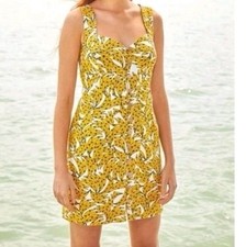 Farm Rio Women White Spotted Banana Dress 100% Linen SMALL Mini Babydoll Halter