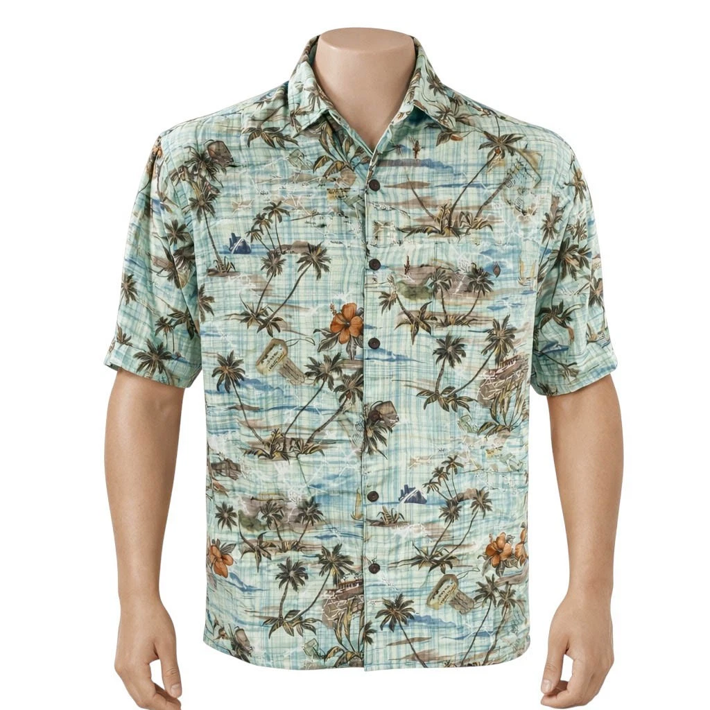 Campia Moda Hawaiian Aloha Shirt Large Floral Boats Palms Hibiscus Pale Green