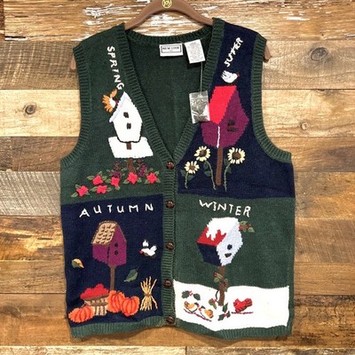 Vintage Green Cotton Button Grandma Sweater Vest Large Dead Stock Fall 4 Season 