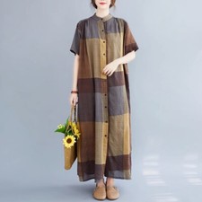 Women Loose Long Shirt Dress Retro Short Sleeve Checked xShirt Dress Plus Size