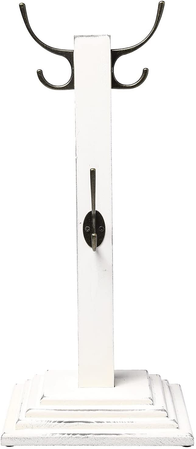 Tabletop White Wood Mug Hanging Tree Rack with 4 Antique Brass Tone