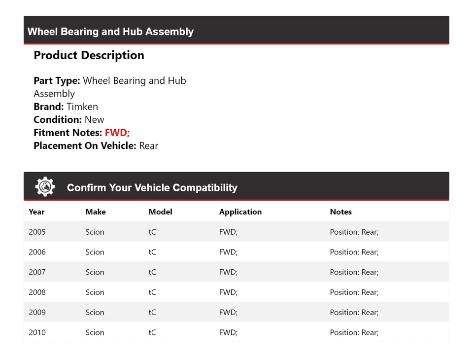 Conjunto de cojinete de rueda y buje trasero Timken 2006 2007 para Scion tC 2005-2010 tracción delantera Foto 2 de 4
