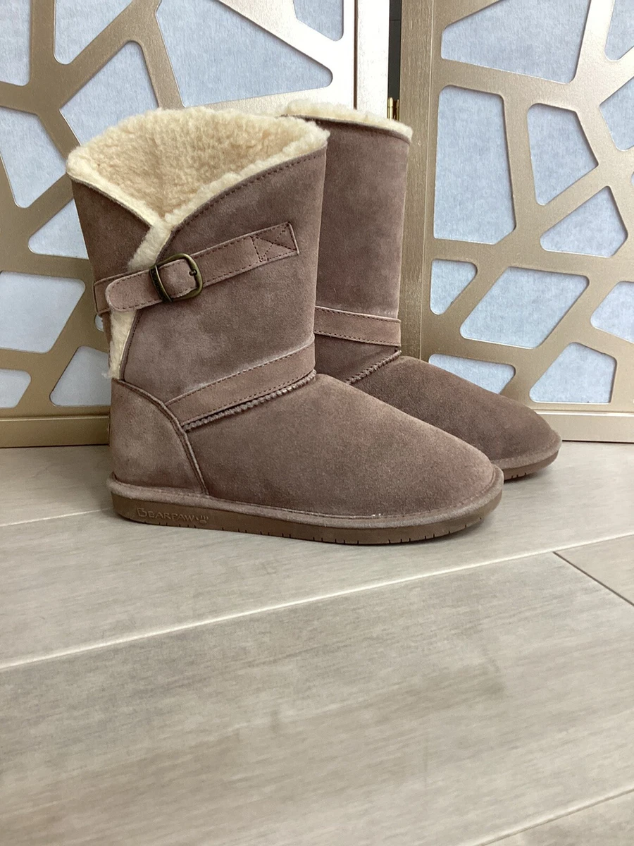 Bearpaw Tatum Mid Calf SheepSkin Brown Fur Buckle Winter Boots
