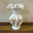 VTG Fenton Floral Flower Hand Painted Silver Crest 6.5" Crest Ruffled Glass Vase