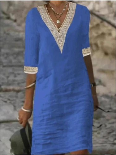 Mujeres Vestido Solero Cuello en V Algodón Lino Midi Damas Verano Informal Manga Corta - Imagen 15 de 29
