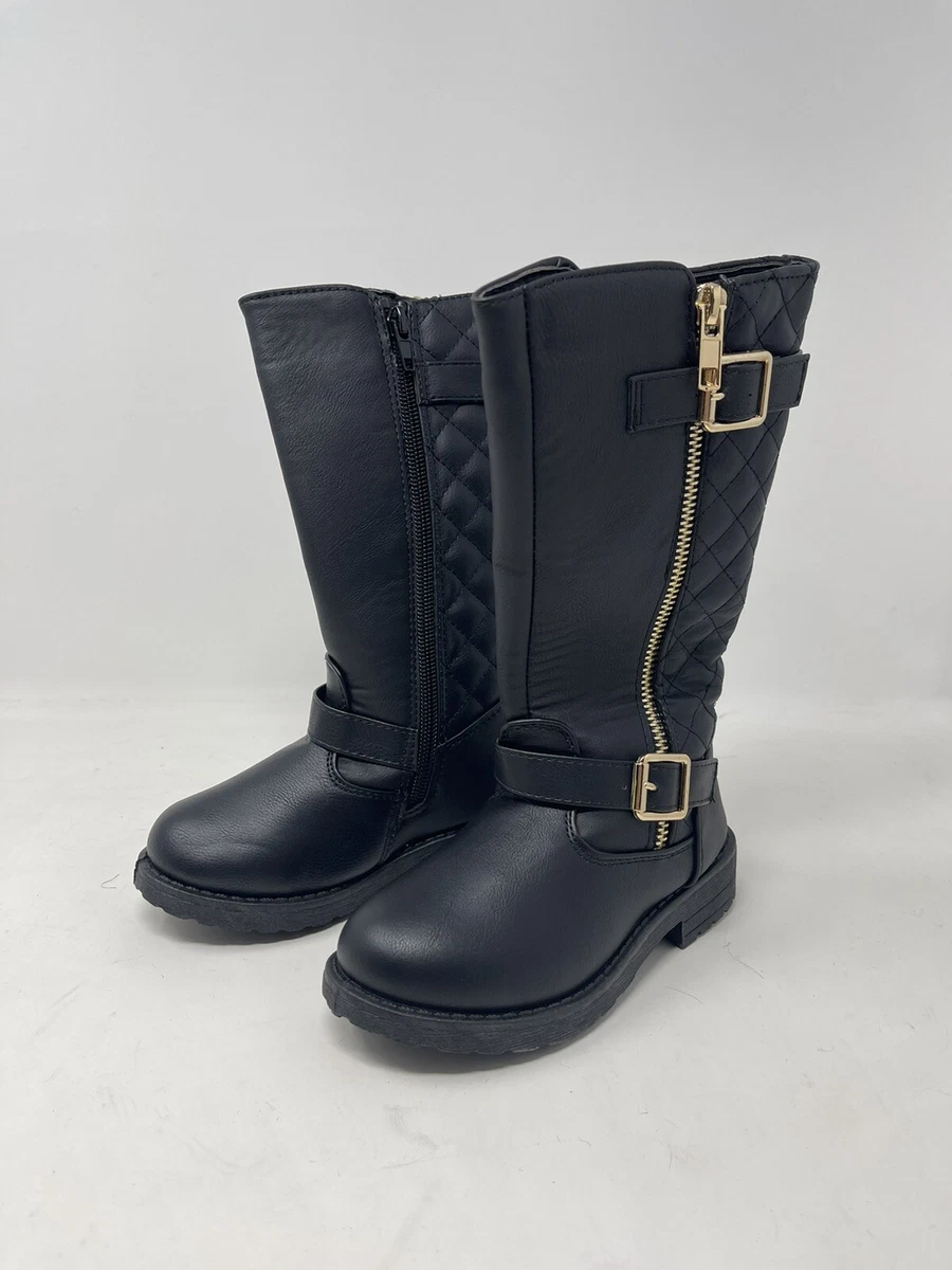 Fabkids Girls Quilted Tall Faux Leather Moto Boots Black Size T9