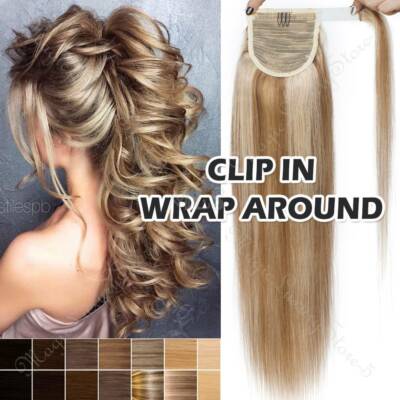 Highlight Clip In Ponytail Hair Extensions Wrap Around 100% Real Human Hair Remy