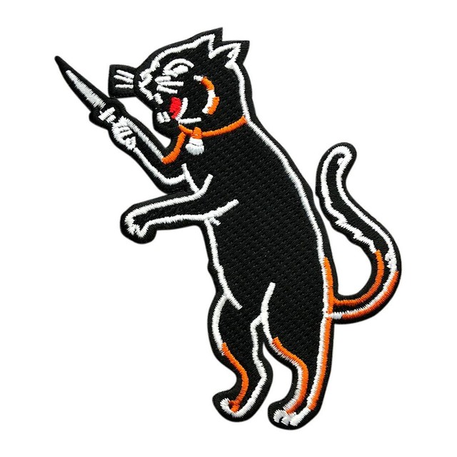 Black Cat with Knife Embroidered Iron on Sew on Patch [4.0 INCH CT6