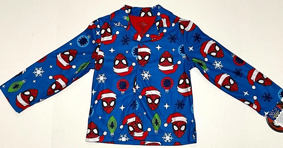 Spiderman Marvel Christmas Pajamas Sleepwear 2 Piece Coat Button Front New Boy - Image 2 of 4